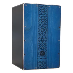 Cajon flamenco tapa azul con mosaico en color negro serigrafiado